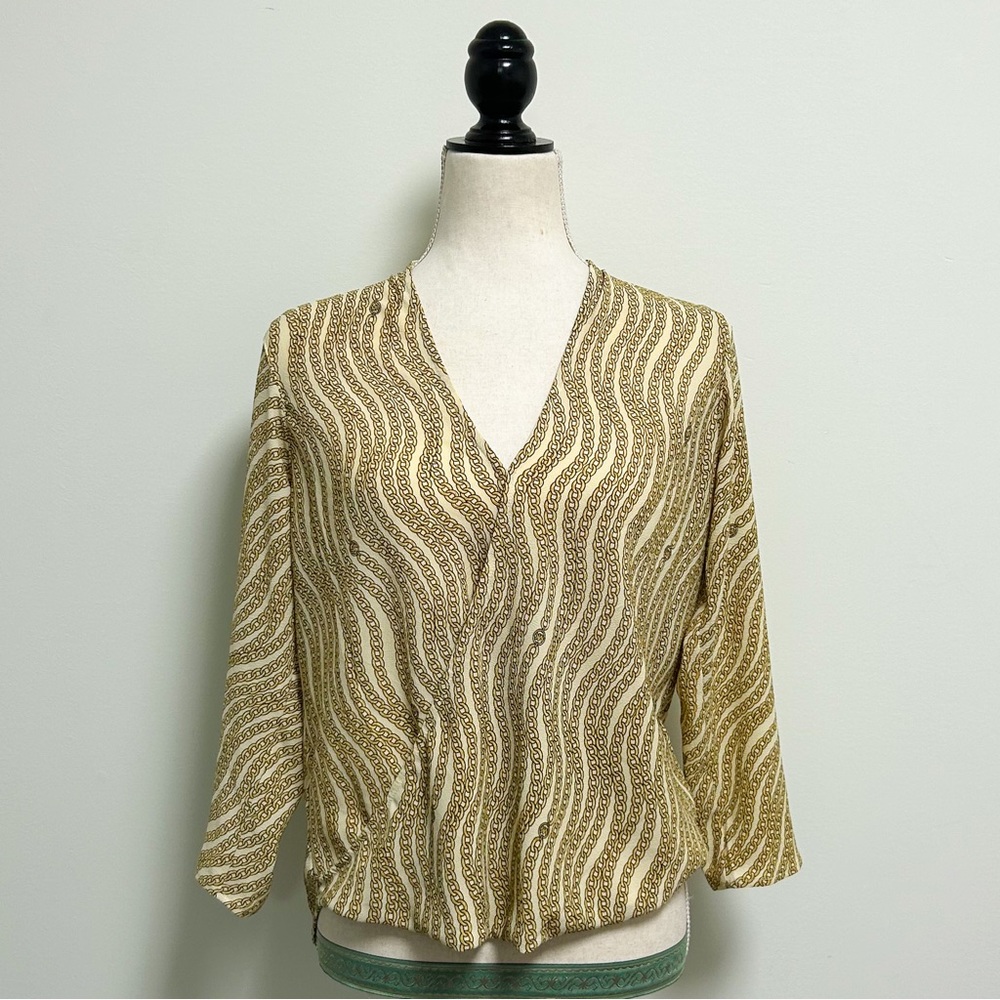 Michael Kors Ivory Gold Chain Print Surplice Hi Lo 3/4 Sleeve V Neck Top Small